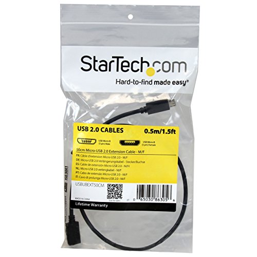 Startech.Com 0.5M 20In Micro Usb Extension Cable   M/F   Micro Usb Male To Micro Usb Female Cable (Usbubext50Cm), Black