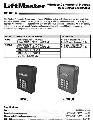 Liftmaster Kpw5 Wireless 5 Code Commercial Keypad