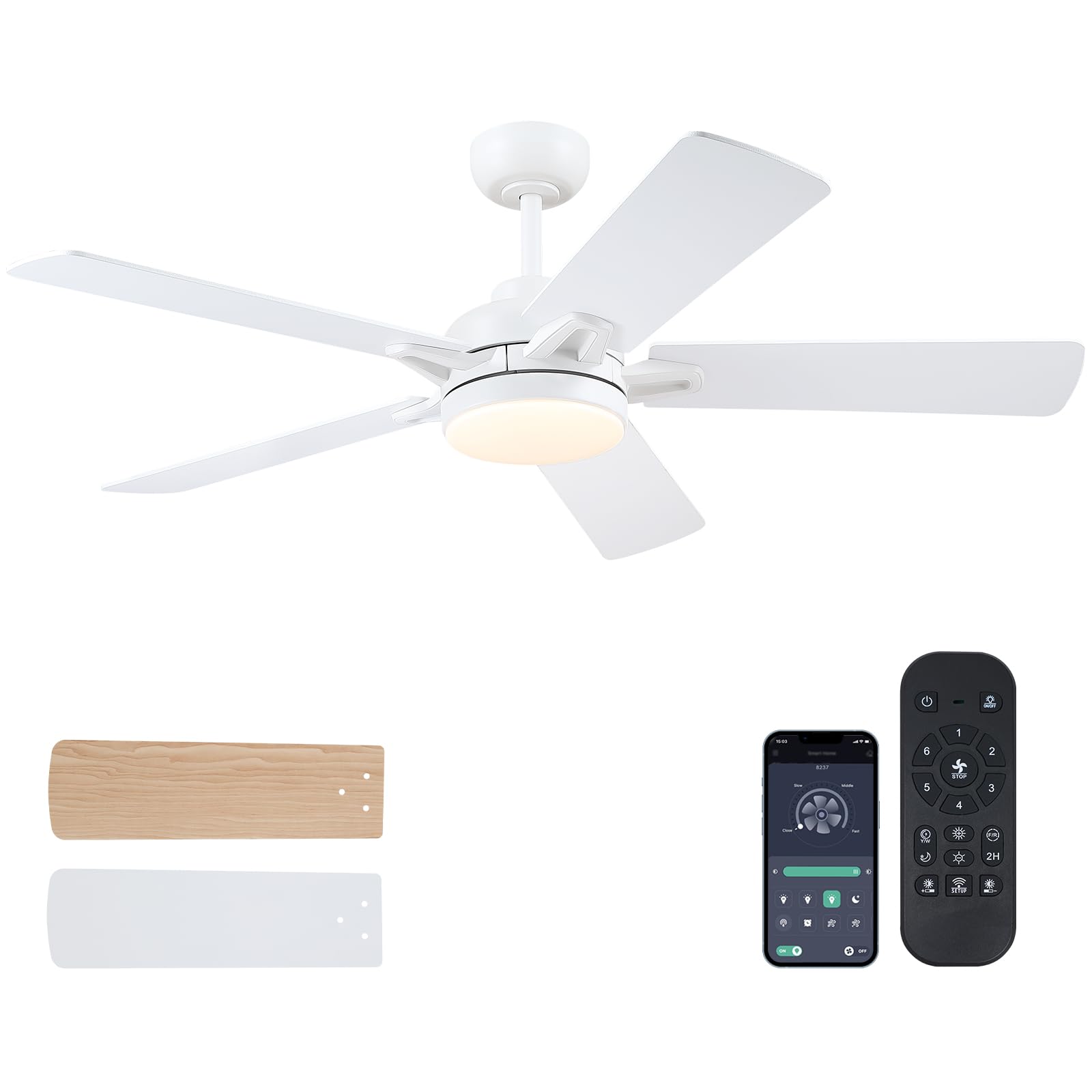 Chesur White Ceiling Fans With Lights   52 Inch Low Profile Ceiling Fan With Remote/App Control, 3Cct Dimmable Led Light, 6 Spee