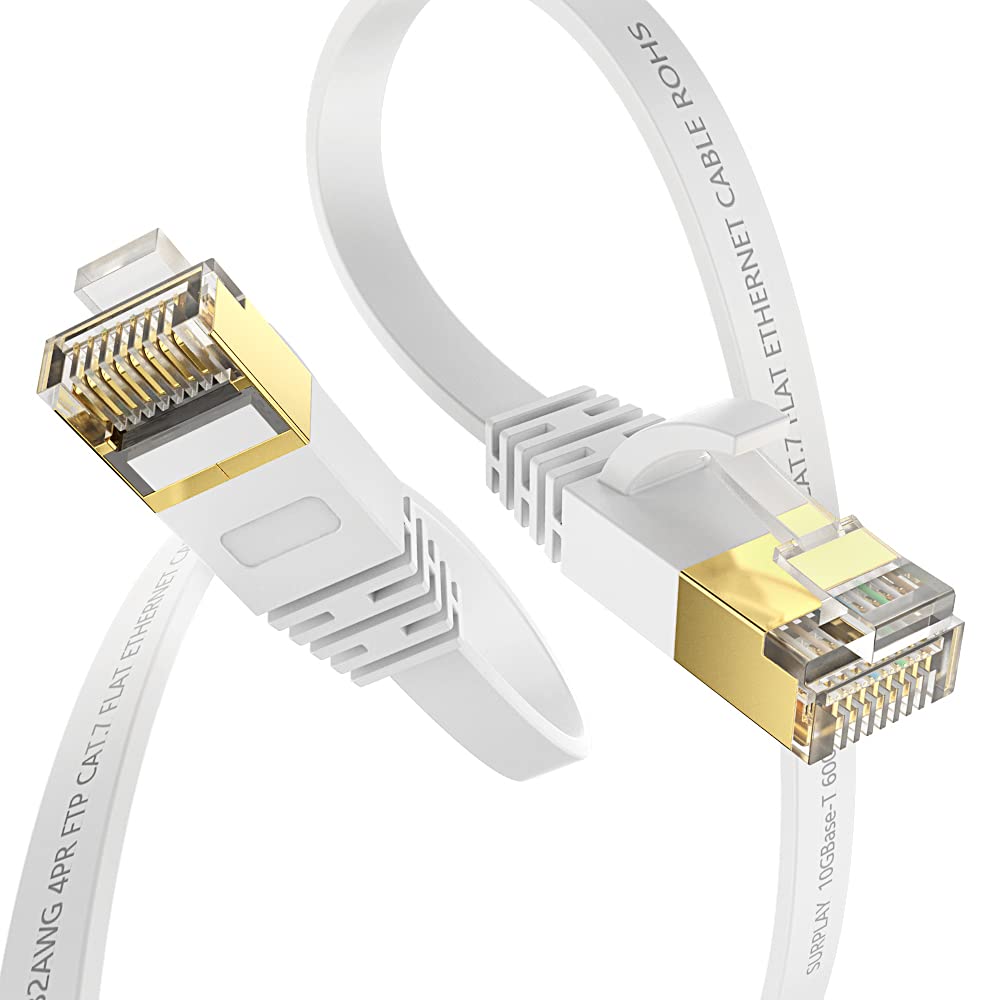 Surplay Cat7 3Pack 10Ft Ethernet Cable White 10Gbps Shielded & Ground Wire Internet Network Flat Patch Cord,Ultra Slim Gold Plat