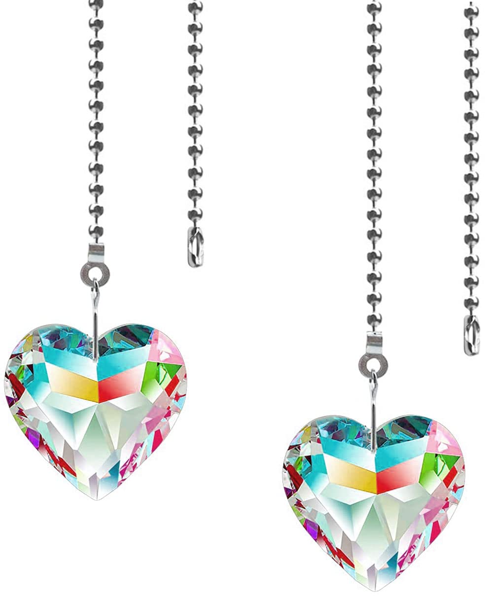 Hyamass 2Pcs Crystal Heart Prisms Pendant Ceiling Fan Pull Chain Extender With Ball Chain Connector (Ab Color)