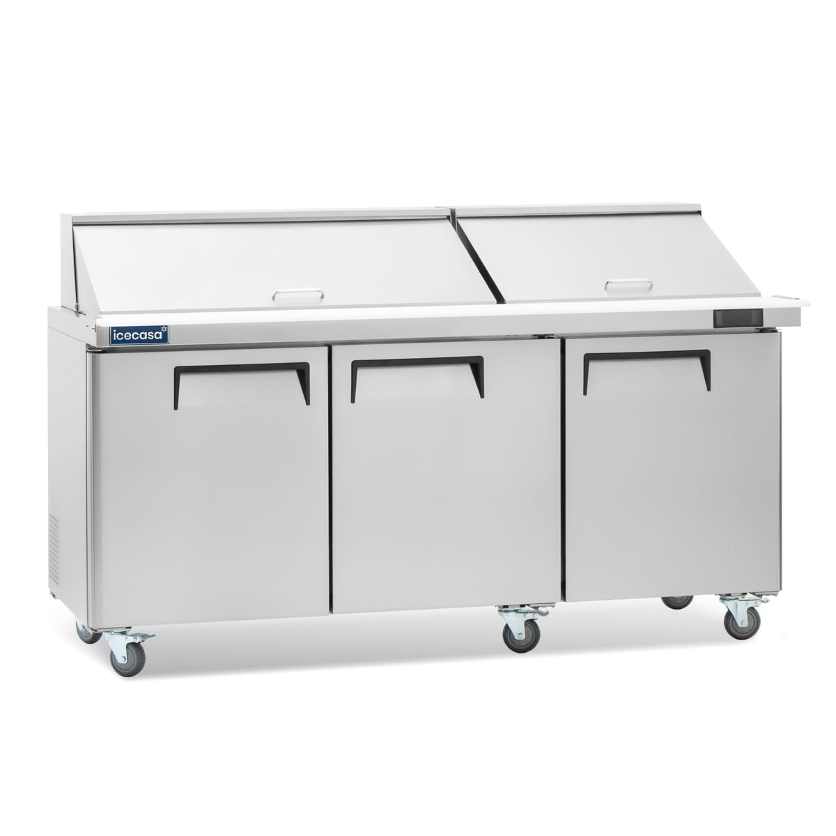Icecasa 72'' W Commercial Refrigerator Sandwich&Salad Prep Table Mega Top 3 Door Stainless Steel Counter Fan Cooling Refrigerato