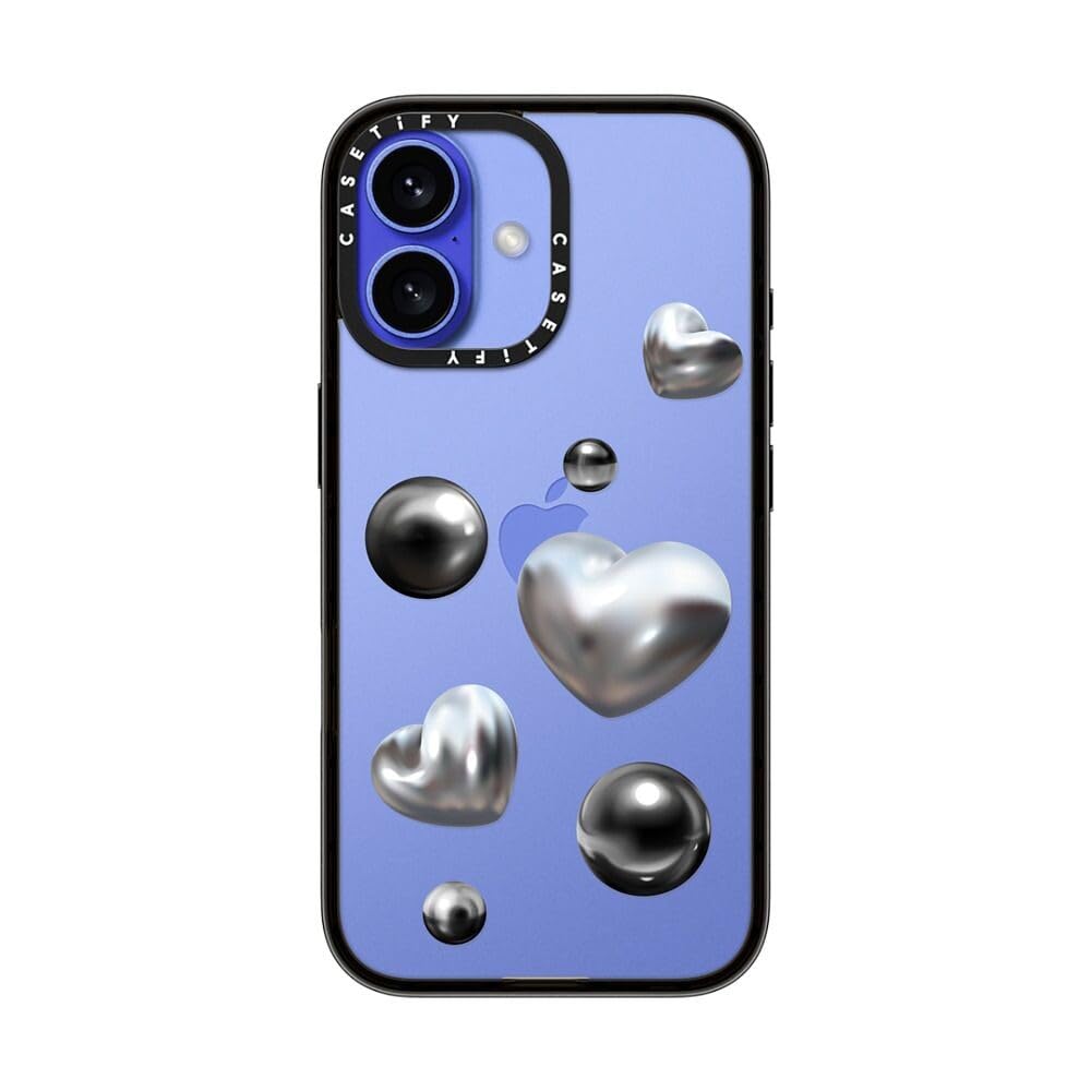 Casetify Compact Case For Iphone 16 [Lightweight / 4 Ft. 2X Military Grade Drop Protection/Slim]   Chrome Love   Clear Black