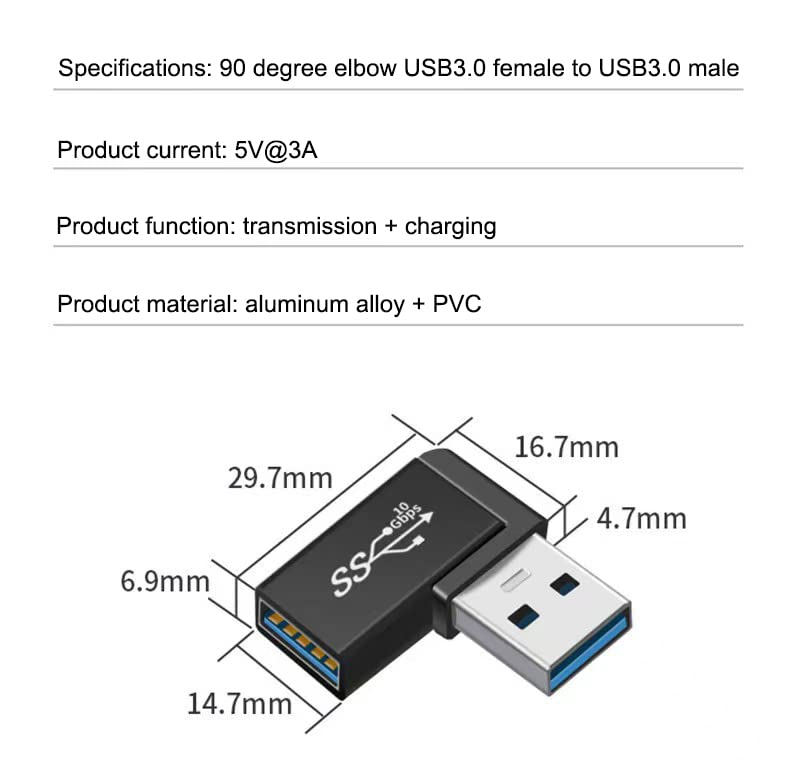 Xczzyb 90 Degree Right Angle Usb 3.0 Male To Female Expansion Adapter For Connecting Mobile Hard Disk, U Disk, Wireless Network Card, Camera, Mouse, Keyboard, Etc.   Black 2Pack