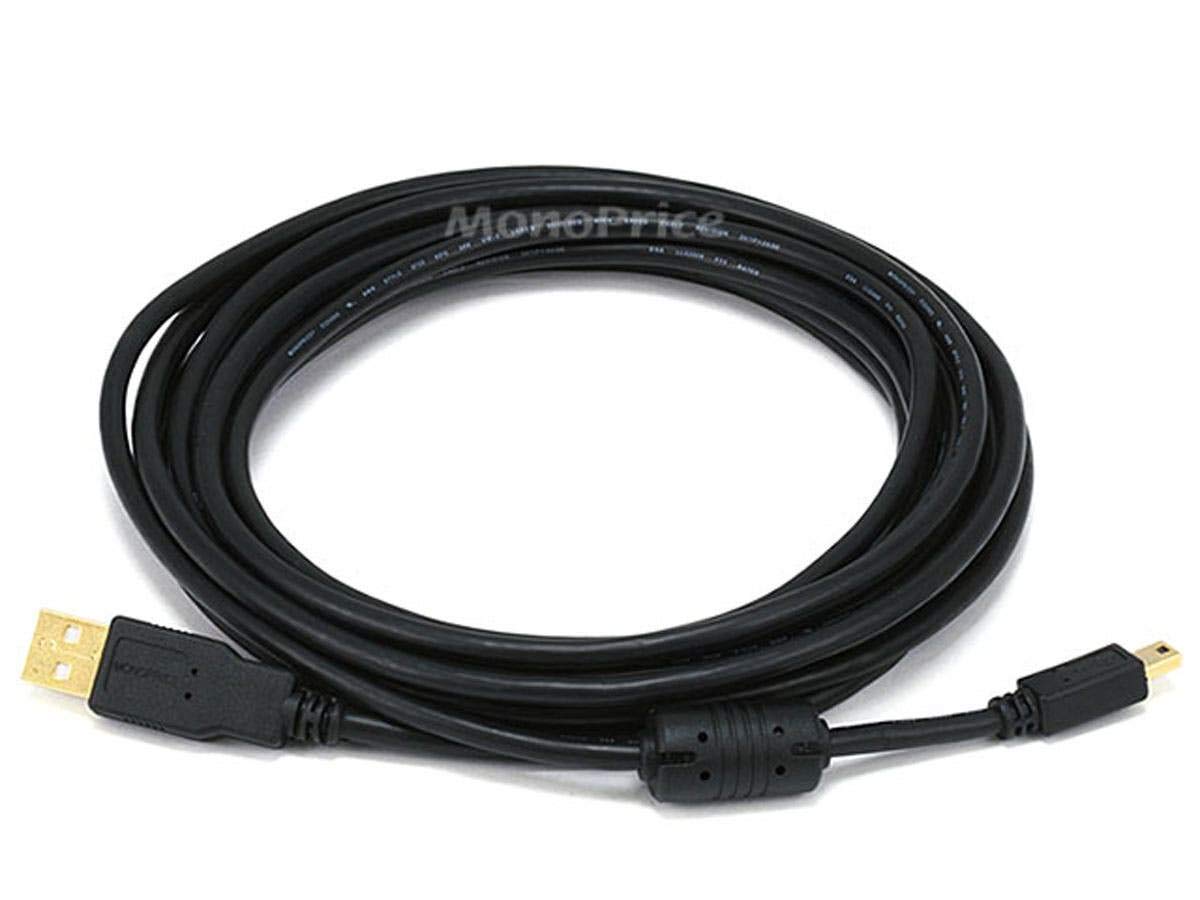 Monoprice 15Feet USB 2.0 A Male to MiniB 5pin Male 28/24AWG Cable with Ferrite Core (Gold Plated) (105450)