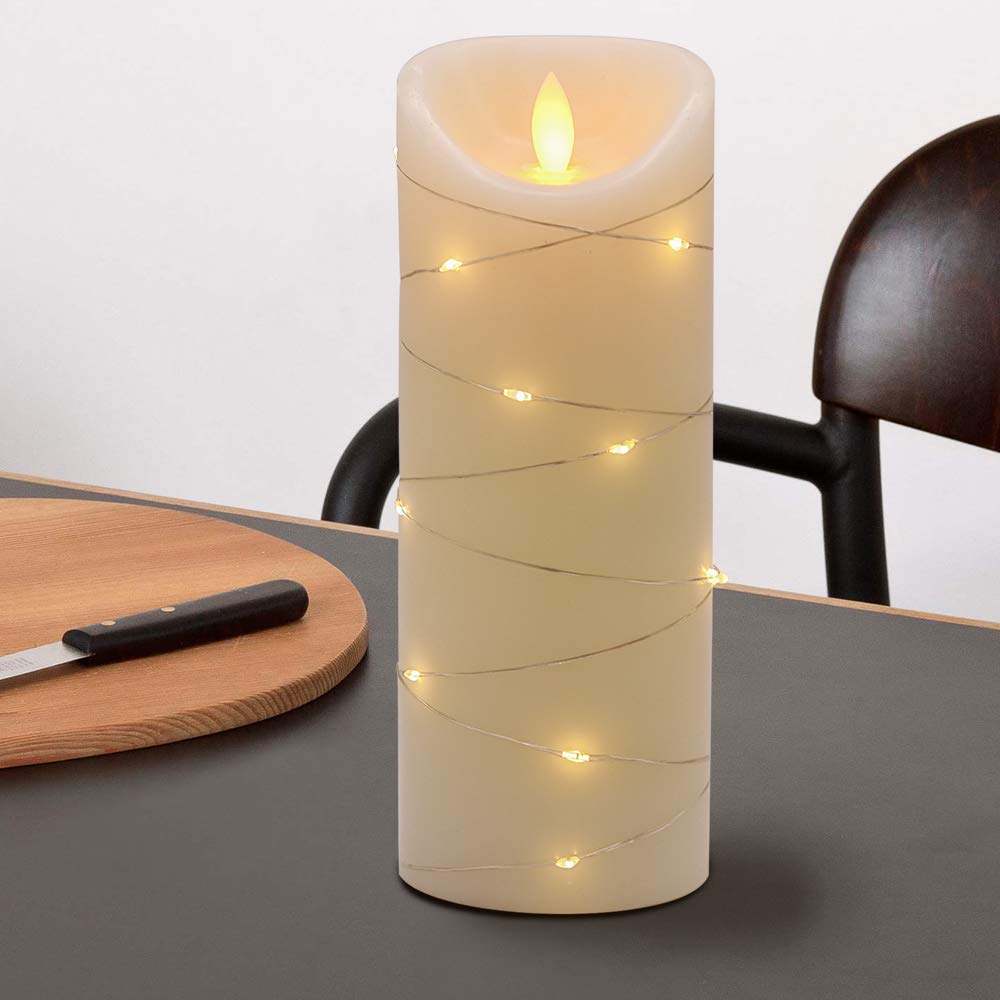 Dromance Large Flameless Pillar Candle String Light With 10 Key Remote And Timer, 2 C Batteries Operated Moving Wick Dancing Fla