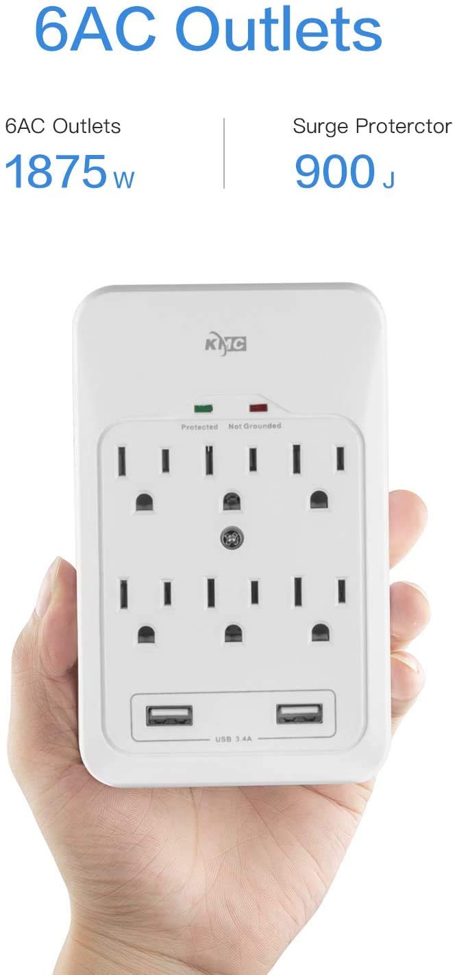 Kmc 6 Outlet Surge Tap, 2 Usb Ports (3.4A), 980 Joules Surge Protector, White (2 Pack)