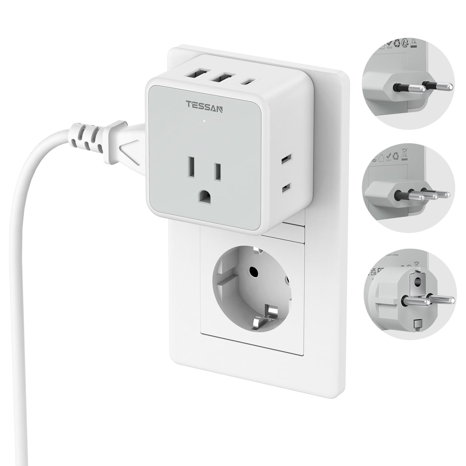 Tessan All European Italy Travel Plug Adapter Kit, International Detachable Converter With 3 Outlet 3 Usb Charger (1 Usb C), Typ