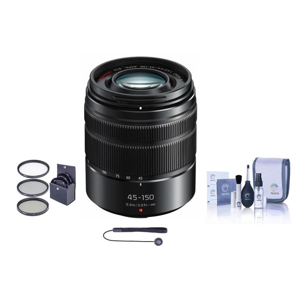 Panasonic Lumix G Vario 45 150Mm F/4.0 5.6 Asph Lens For G Series Cameras, Matte Black   Bundle With Filter Kit, Capleash Ii, Cl