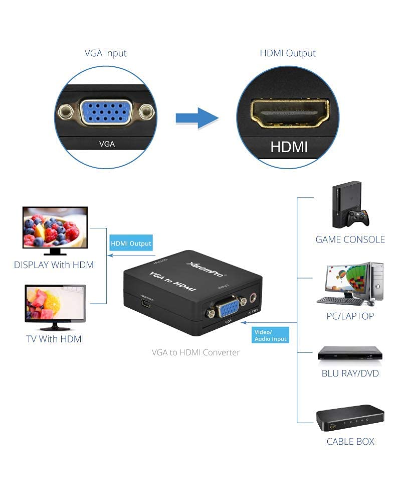 Xtrempro Vga To Hdmi Converter Adapter 1800P Full Hd Mini Vga To Hdmi Audio Video Converter Adapter W/ 3.5Mm Audio Port, Support