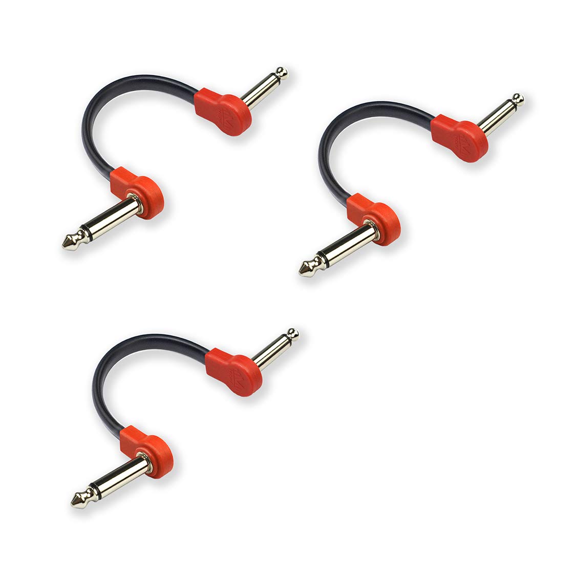 M Maka Flat Low Profile Guitar Patch Cable 4 Inch For Effects Pedals, 1/4 Inch Right Angle, Red, 3 Pack