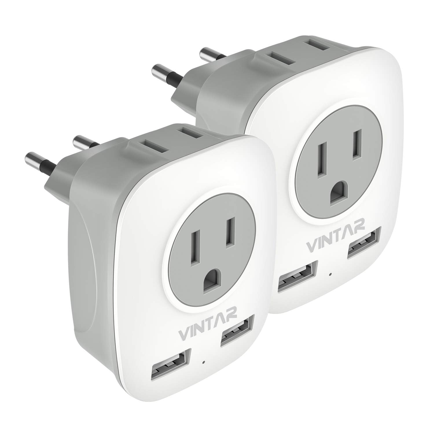 2 Pack European Travel Plug Adapter, Vintar International Power Plug Adapter With 2 Usb Ports,2 American Outlets  4 In 1 Outlet