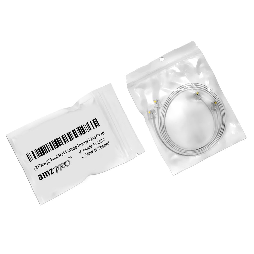 Amzdeals 2 Pack 3 Feet White Telephone Cable 6P4C Rj11 Male To Male, Made In Usa Pro Grade Phone Line Cord