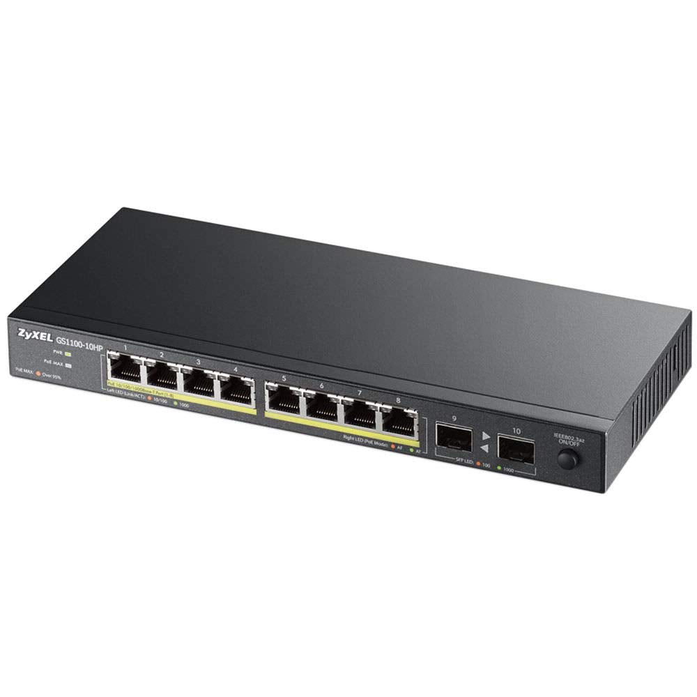 Zyxel Gs1100 10Hp   8 Port Gigabit 802.3At/802.3Af Poe+ (8 Ports Gbe Poe) 130W Power Budget And 2X Sfp Uplinks