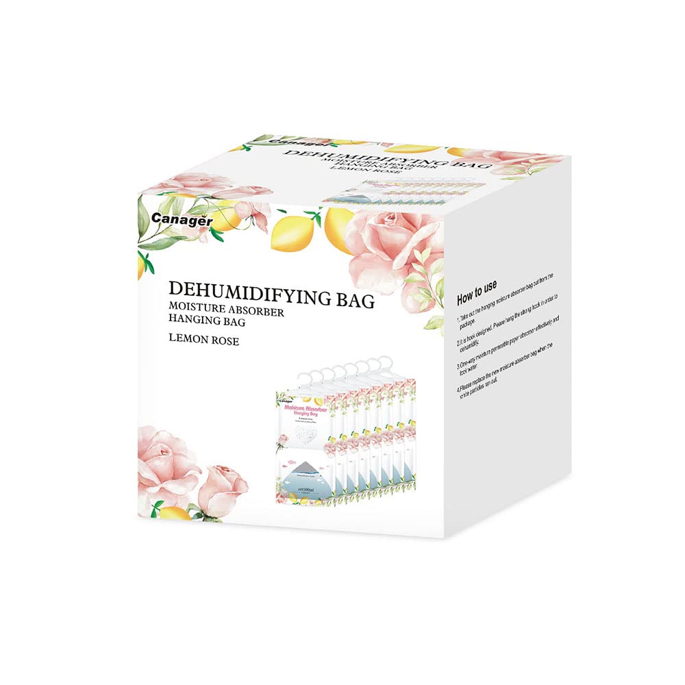Canager Hanging Moisture Absorber, Lemon Rose Moistureproof Hanging Bag,Dehumidifier Bag (8 Packs) Hanging Closet Dehumidifier B