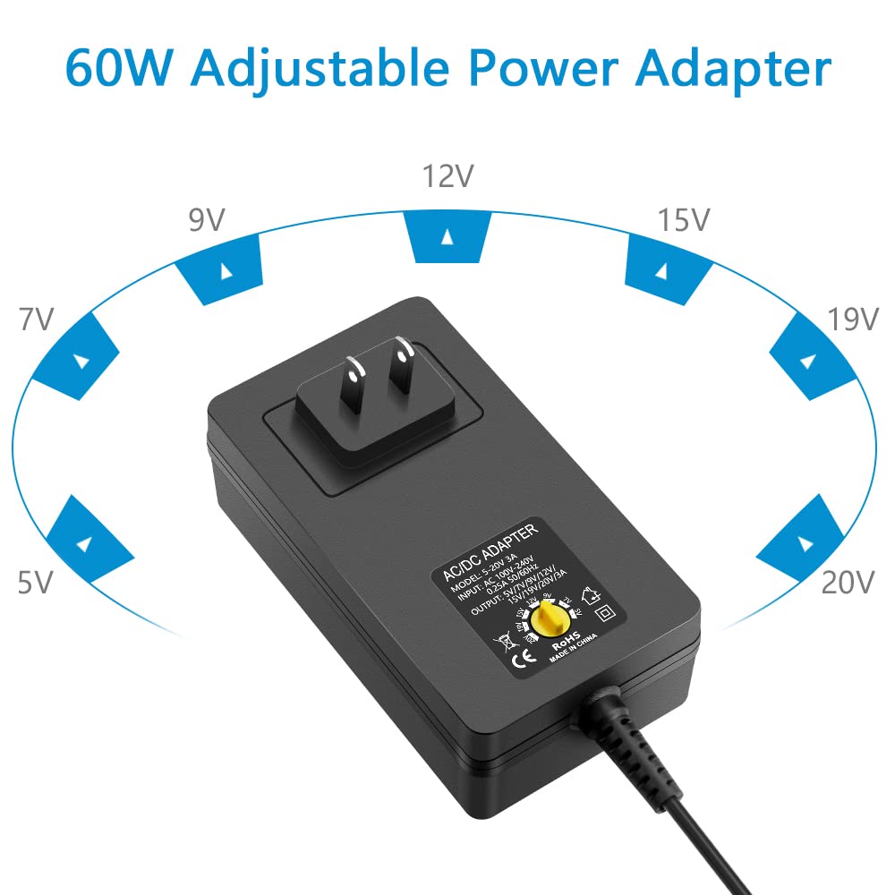 Shnitpwr Universal Power Supply Adjustable 5V~20V 60W Ac Adapter 5V 7V 9V 12V 15V 19V 20V Multi Voltage Ac Power Adapter 100V 24