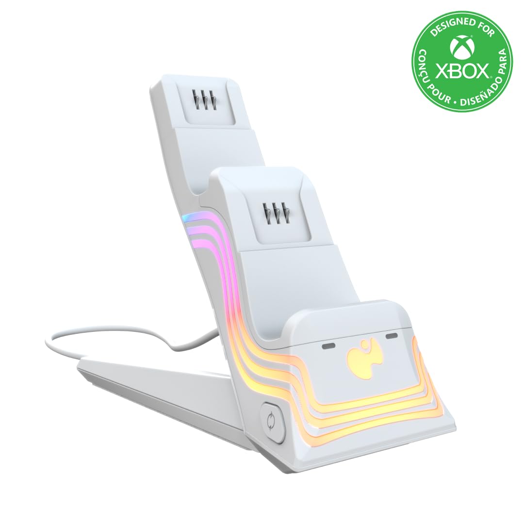 PDP Afterglow Wave LED Dual Gaming Charger for 2 Xbox Controllers, Customizable RGB Lighting Effects - White