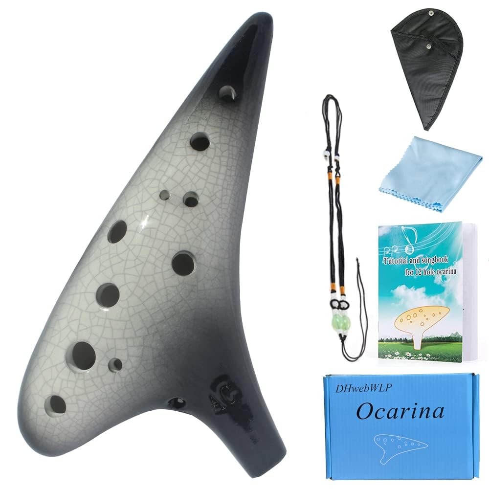 Dhwebwlp 12 Hole Ocarina Instrument,Ice Crack Alto C Ceramic Ocarina With Song Book(Gradient Black)