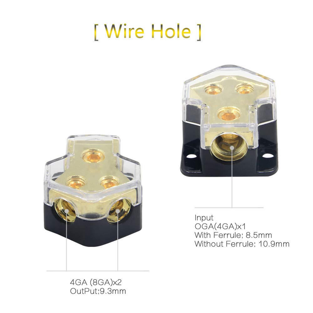 Rkurck 2 Way Power Distribution Block, 0/2/4 Awg Gauge In, 4/8/10 Gauge Out, Car Audio Stereo Amp Distribution Connecting Block