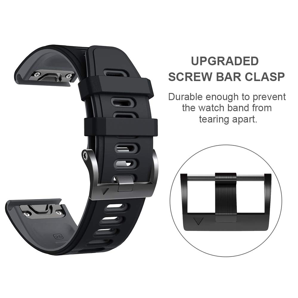 Ancool Fenix 6X Pro Watch Band/Fenix 5X Watch Band/Fenix 7X Watch Band 26Mm Silicone Watch Band For Fenix 6X/5X Plus/7X(Black Gr