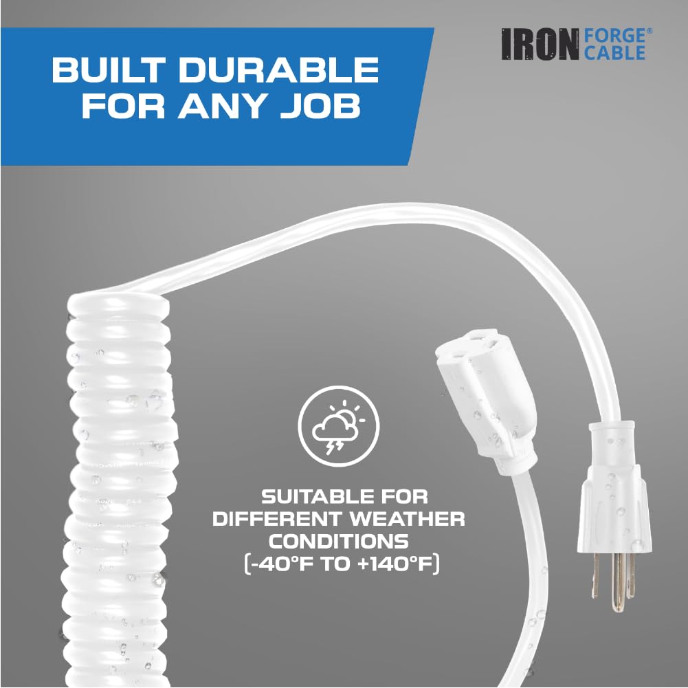 Iron Forge Cable Sjeow White Outdoor Coiled Extension Cord 6 Ft,13 Amp Oil Resistant & Flame Retardant 3 Prong Coiled Electrical