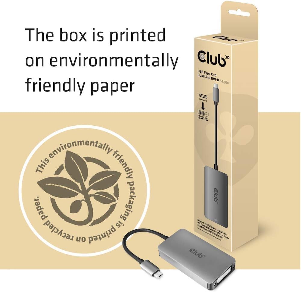 Club 3D CAC-1510 USB Type C to Dual Link DVI-D Adapter, Supports 3840x2160@30Hz, Silver, Copper Material