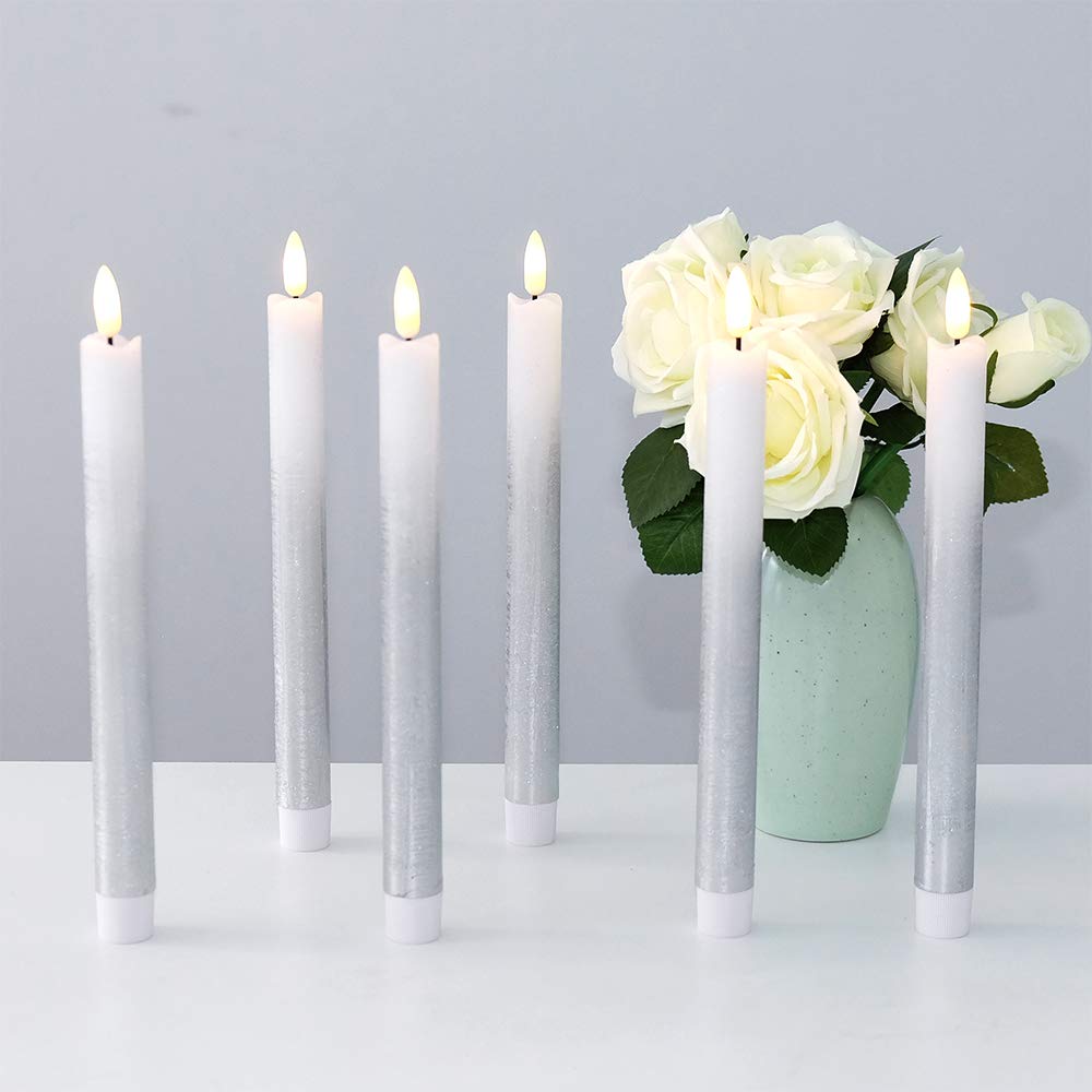 Dromance Silver Flameless Taper Candles Battery Operated With Remote Timer, Real Wax 3D Wick Flickering Led Taper Candles Dinner