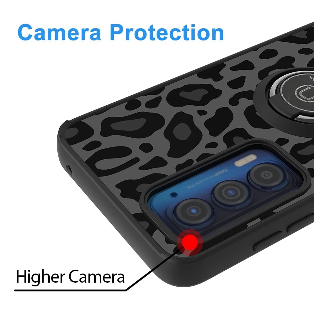 KANGHAR Moto Edge 2021 Leopard Phone Case Shockproof TPU PC Kickstand Ring Holder Black