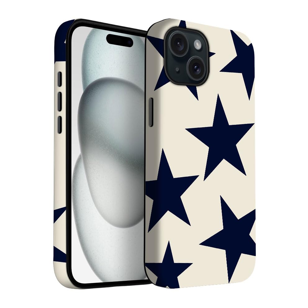 Yuzbira for iPhone 15 Plus Case | Beige Navy Blue Stars | Slim Drop Protection Design