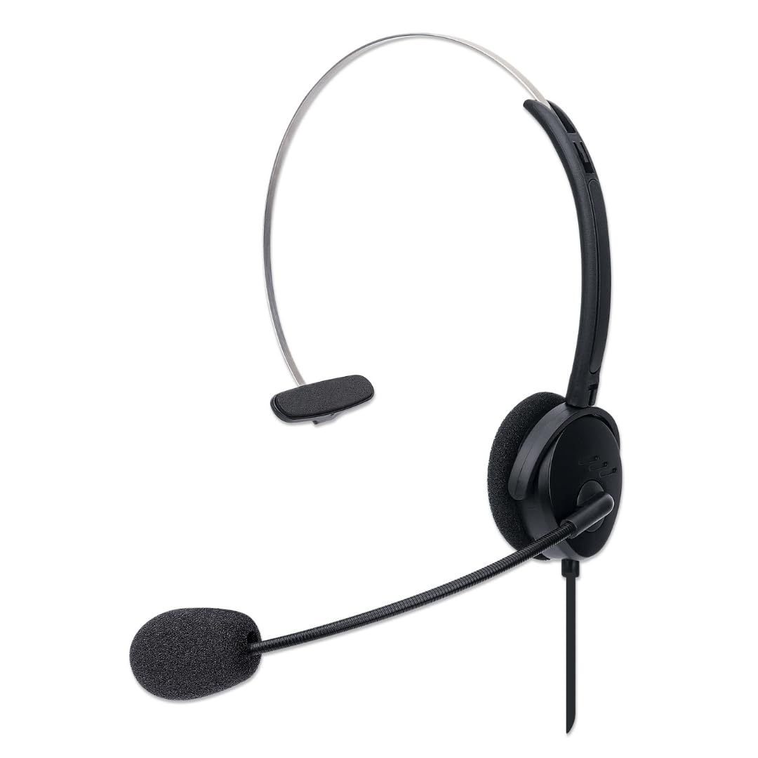 Manhattan Mono Over-Ear Headset (USB), Microphone Boom (padded), Adjustable Headband, In-Line Volume Control, Ear Cushion, USB-A