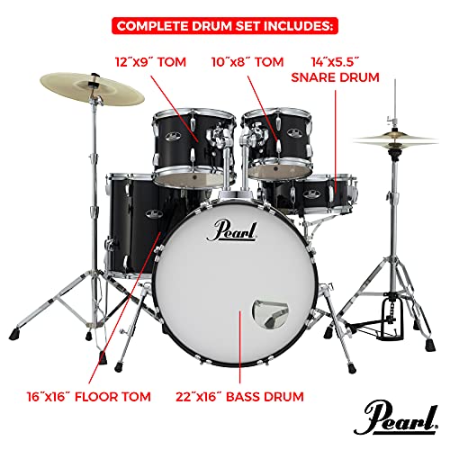 Pearl Roadshow Drum Set 5 Piece Complete Kit With Cymbals And Stands, Jet Black (Rs525Sc/C31)