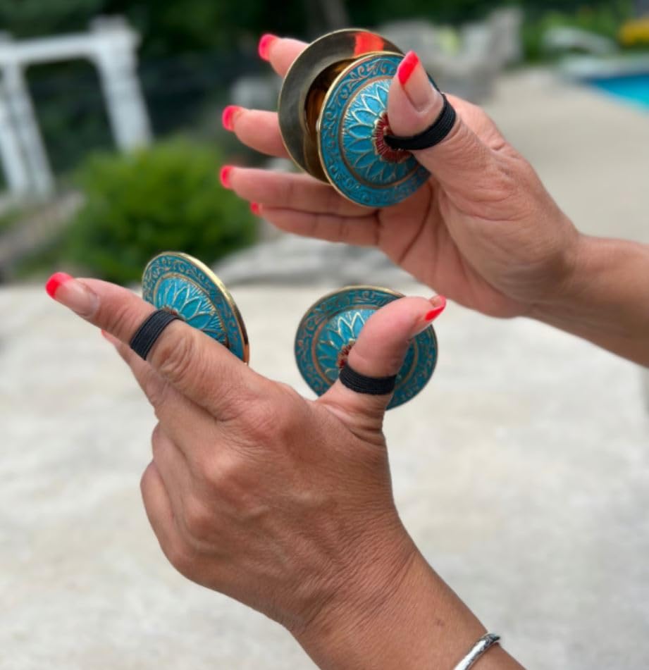 2 Pairs Pro Brass Fingers Cymbal Zills Belly Dancing Free Silk Pouch (Turquoise)