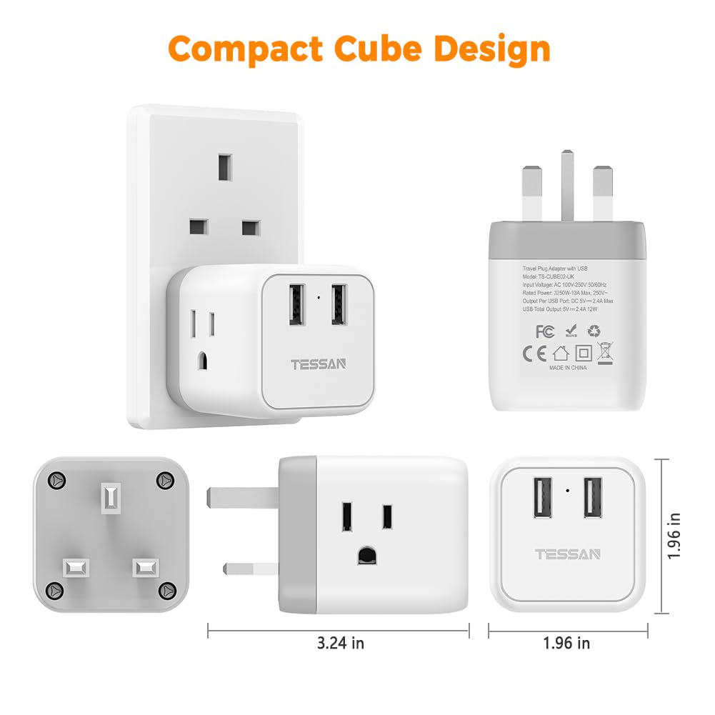 Tessan Us To Uk Plug Adapter, Type G Uk Travel Plug Adapter, Ireland Scotland Dubai Power Converter With 3 Outlets And 2 Usb Por