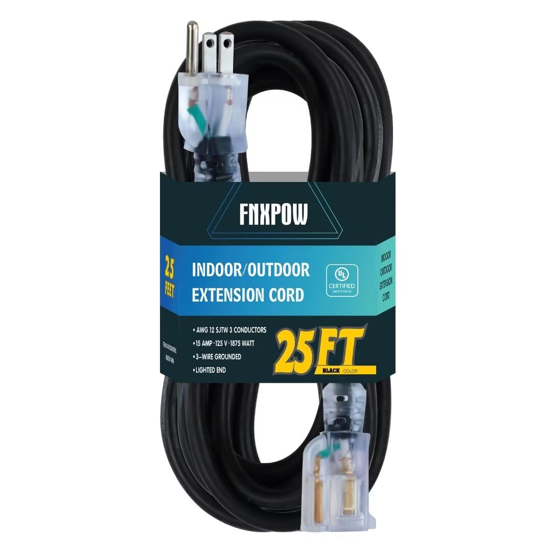 Fnxpow Indoor Outdoor Extension Cord, 12 Gauge 3 Prong Weatherproof Heavy Duty Black Extension Cord With Lighted Indicator End,S