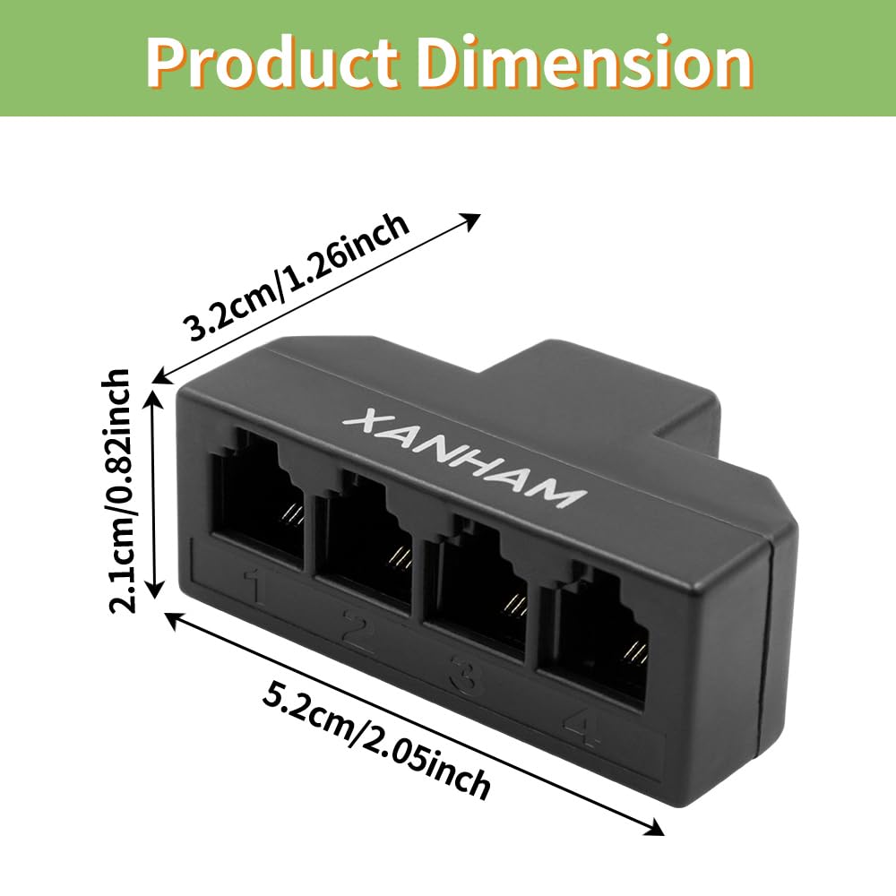 Xanham Rj11 Cable 4 Way Splitter 6P4C Connector Phone Line Cord Adapter With 3 Inch Cable For Landline Telephone Wire, Black, Av