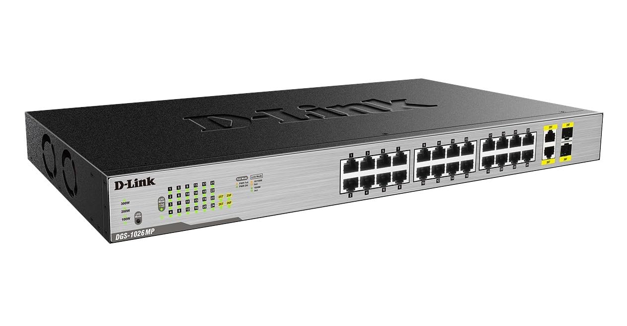 D-Link Ethernet Switch, 26 Port PoE Gigabit Unmanaged Rack-Mount Networking 24 x PoE (370 Watt), 2 x Gigabit Combo Ports (DGS-10