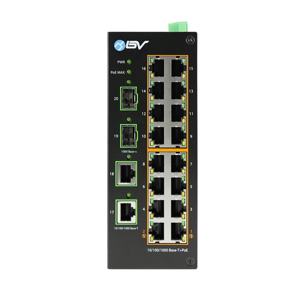 Bv Tech Industrial Din Rail Poe Ethernet Switch   16 Gigabit Ports, 2 Sfp Uplinks, 190W Poe Budget