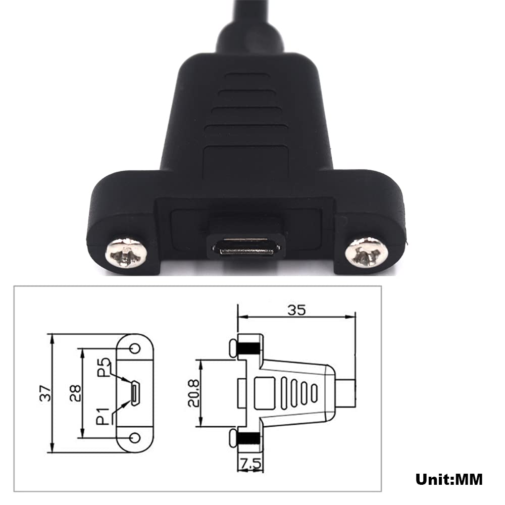 Kework 0.3M Micro Usb Extension Cable, 90 Downward Angle Male To Female Screw Mount Extender