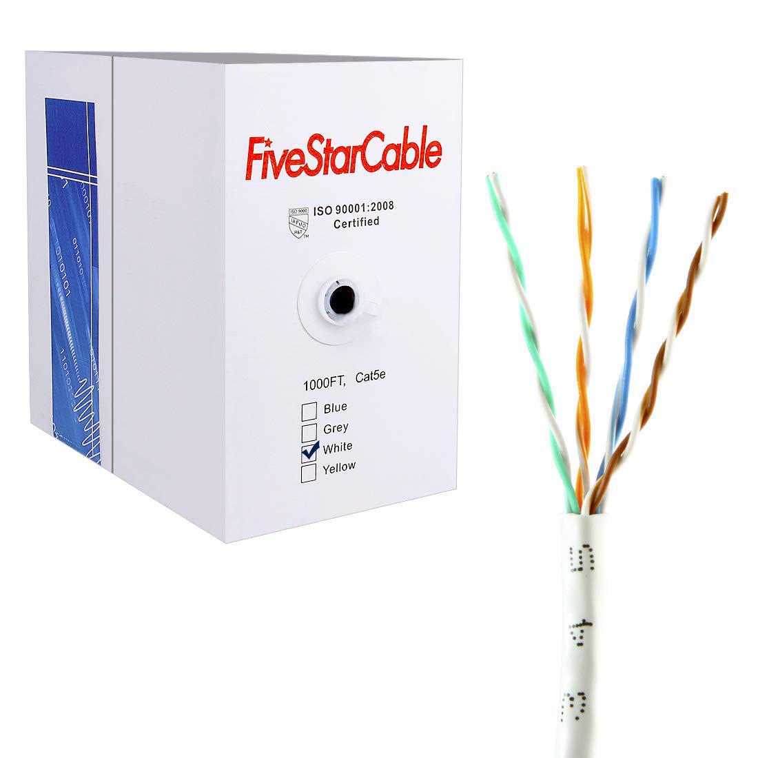 Fivestarcable Cat5E 1000 Ft 24Awg Utp 4 Twisted Pair Ethernet Router Lan Cable Wire Pull Box   White Color