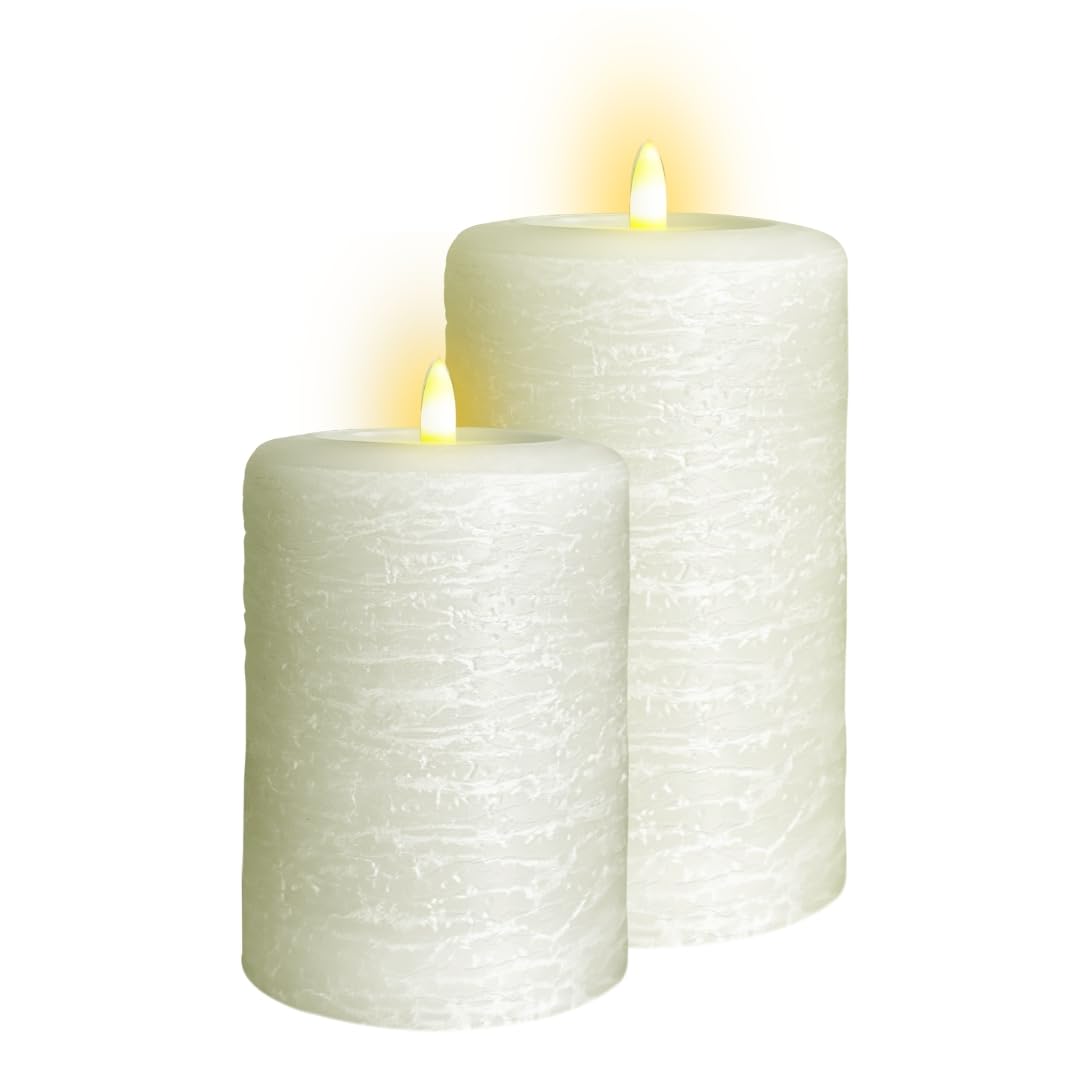 Lumipur Signature Natural Glow Flameless Wax Pillar 2 Pack Led Candle 3.5'' X 5'' And 3.5'' X 7'' Linen White
