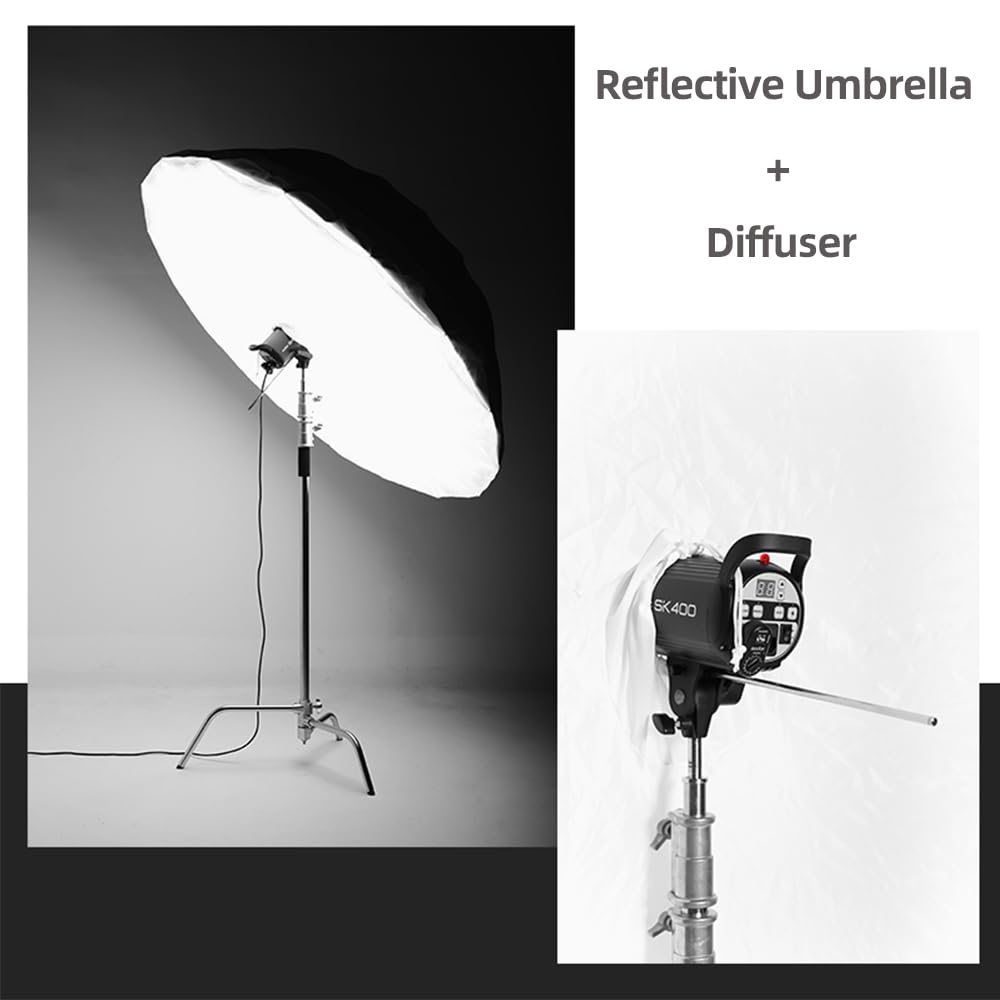 Godox 70 Inch 180Cm Black White Reflective Umbrella Studio Photography Umbrella, White Inner With Large Diffuser Cover, Bag
