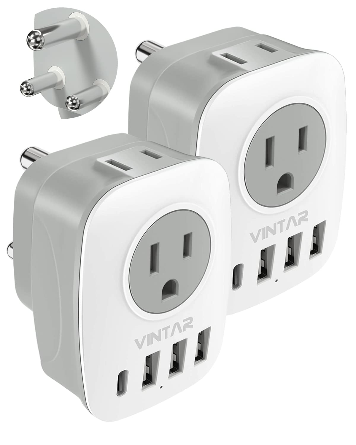[2 Pack] South Africa Power Adapter,Vintar Type M Plug Adapter With 1 Usb C,3 Usb Ports And 2 American Outlets,6 In 1 South Afri