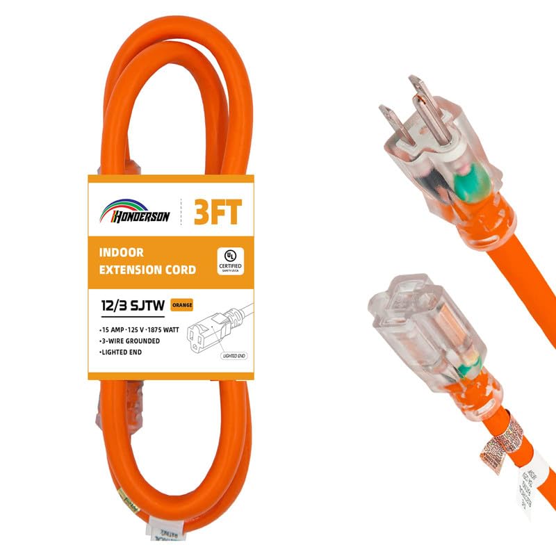 Honderson Indoor Outdoor Extension Cord Weatherproof With Lighted End, Ul Listed, 12 Gauge 3Ft Orange 3 Prong Heavy Duty Extensi