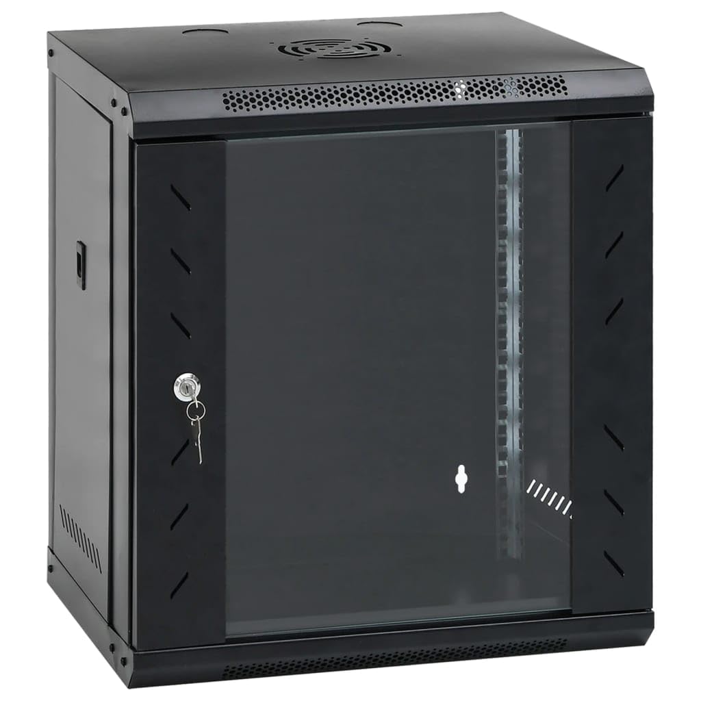 vidaXL 12U Wall-Mounted Network Cabinet - 19' Rack Compatible - 88.2 lb Load - Lockable Front Door - Removable Panels - Steel & Glass - Black - 20.9'x15.7'x23.6'
