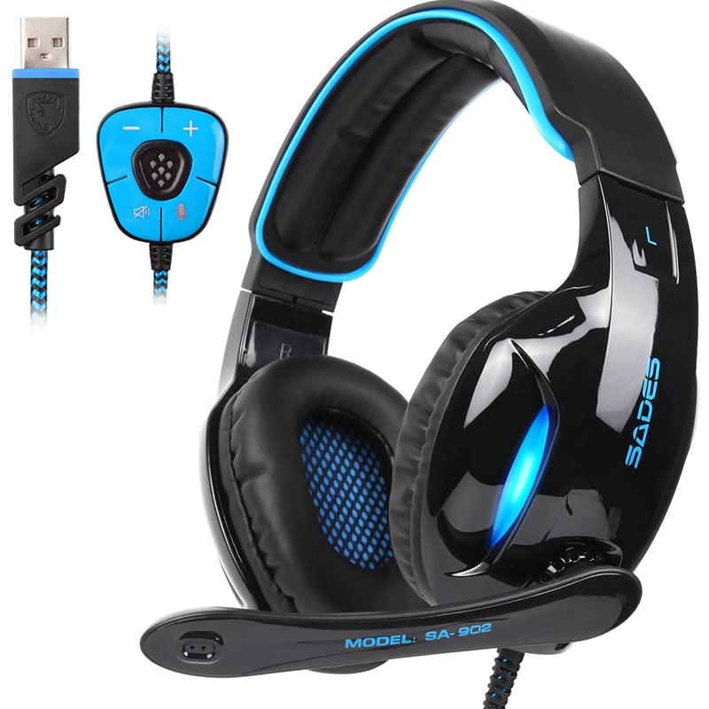Sades Sa902 Stereo Gaming Headset 7.1 Usb Surround Sound Pc Headsets Over Ear Gaming Headphones With Microphone Led Light Black