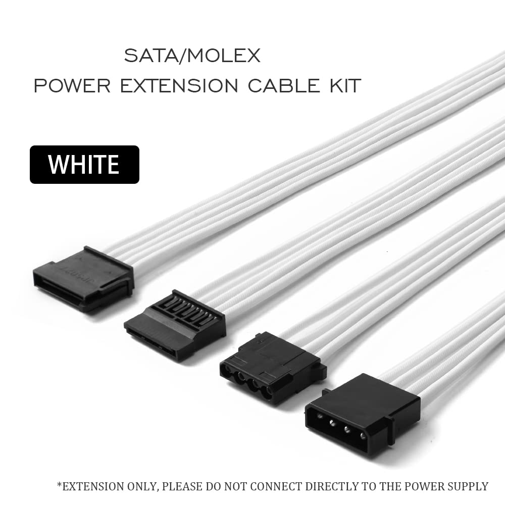 Formulamod Sata + Molex Power Extension Cable Kit, Male To Female 11.8 Inch Extender Sleeve Power Cables (White)