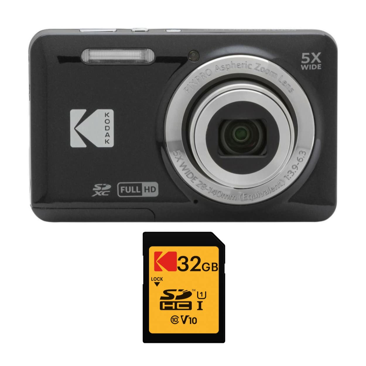 Kodak Pixpro Friendly Zoom Fz55 Digital Camera (Black) With 32Gb Class 10 Uhs I U1 Sdhc Memory Card Bundle (2 Items)