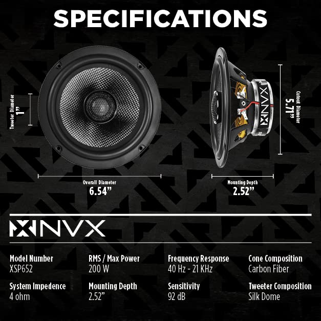 Nvx Xsp652 6.5 Car Speakers, 600W Max, 200W Rms, 2-Way 6-1/2 Inch Coaxial W/ 1 Silk Dome Tweeters & Built-In X-Overs, Easy To In