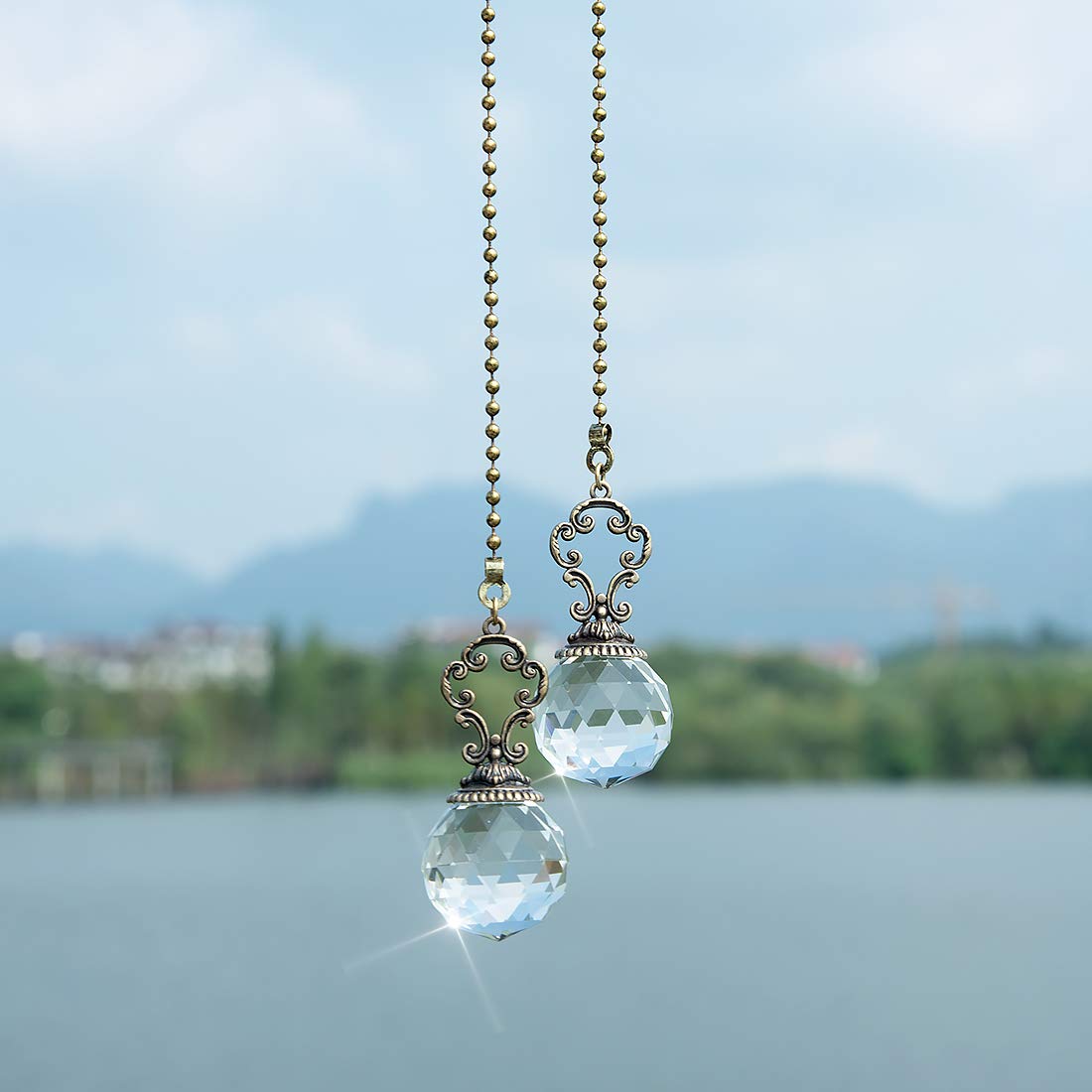 LONGSHENG Set of 2 Vintage-Style Crystal Prism Ball Ceiling Fan Pull Chains Clear K9 Crystal