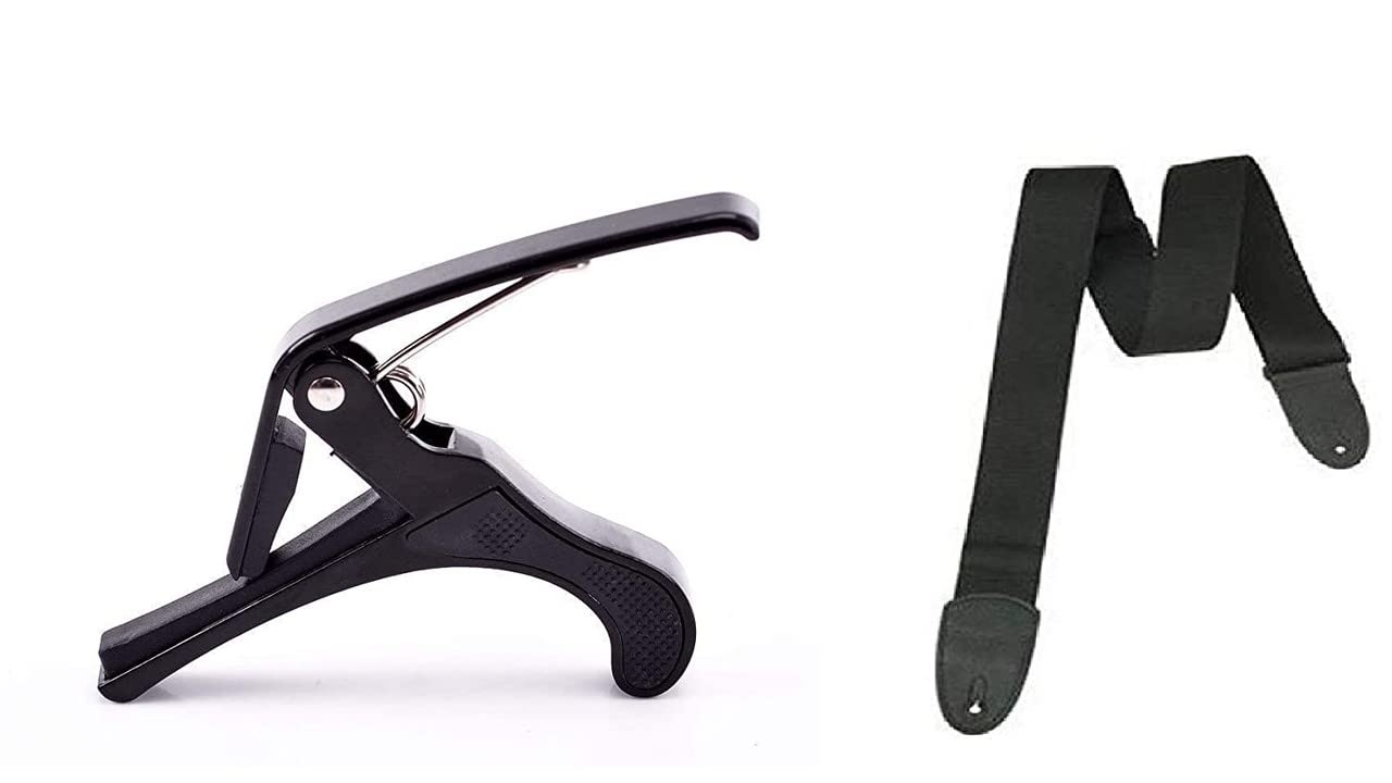 Mustang Guitar Capo & Black Belt For Electric, Acoustic, And Classical Guitar Combo Of (Black Belt And Black Capo)